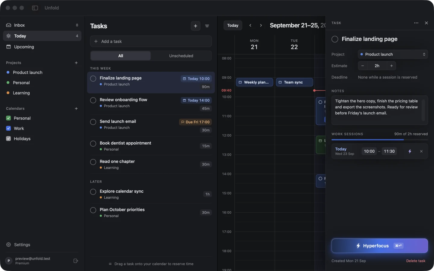 The Mac app with a task’s details open: Finalize landing page in Product launch, a 2 hour estimate, notes, a work session today from 10:00 to 11:30, and a Hyperfocus button.