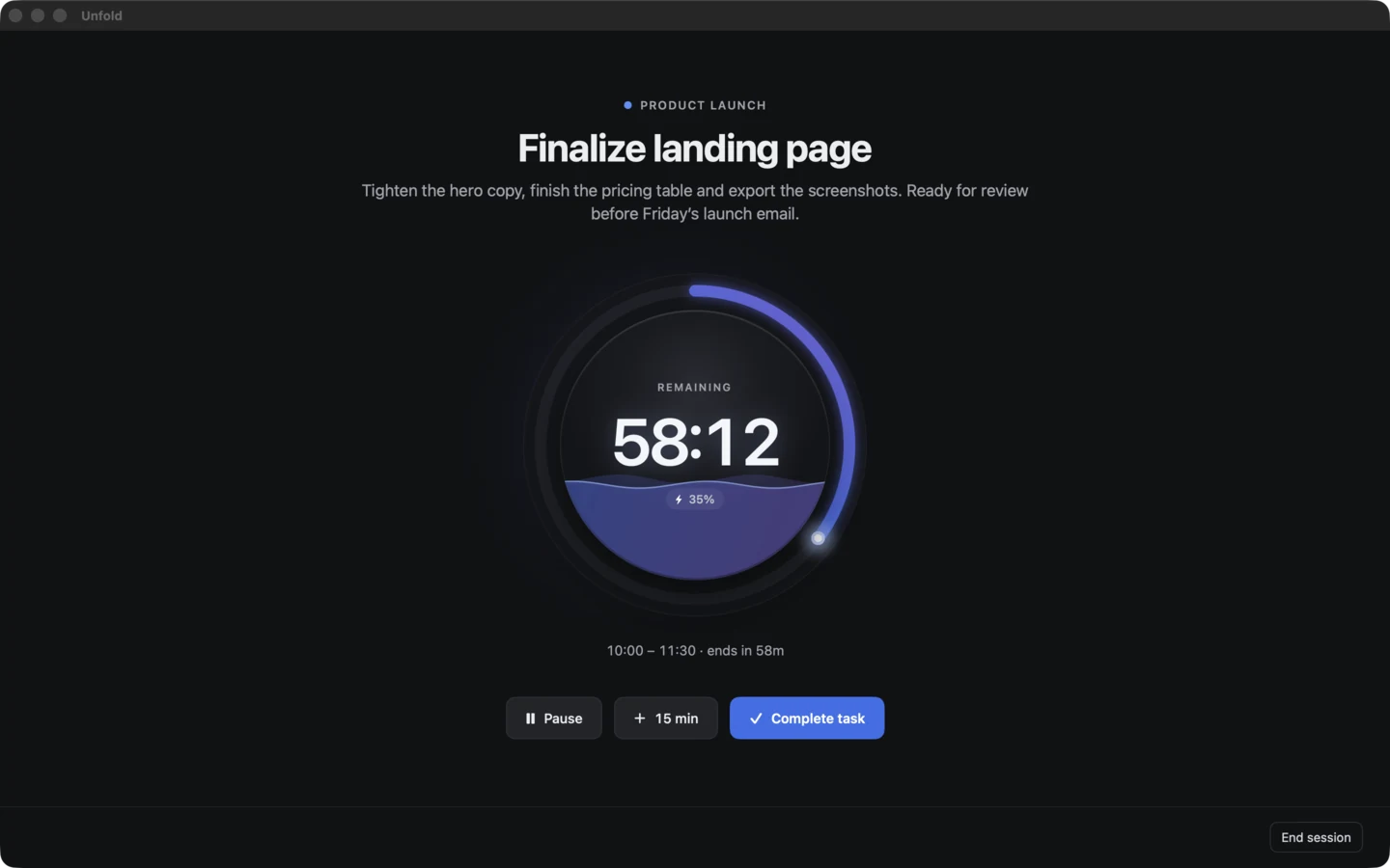 A Hyperfocus session in the Mac app: Finalize landing page, with 58:12 remaining in a glowing ring that is 35 percent full, and Pause, 15 min and Complete task buttons.