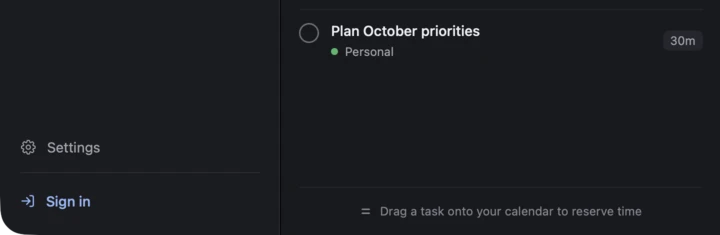 The bottom of the Mac app’s sidebar with Settings and a Sign in button: nobody is signed in, and the tasks are all there.