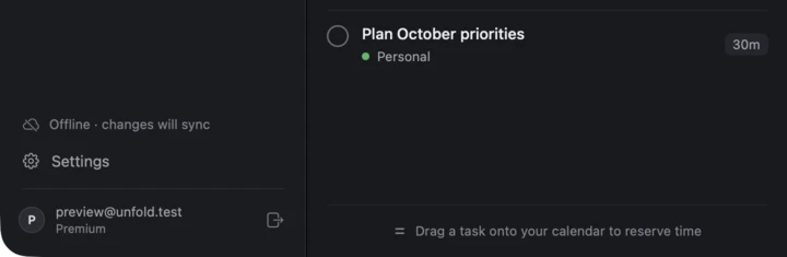 The sidebar reads Offline, changes will sync, above the signed-in account.